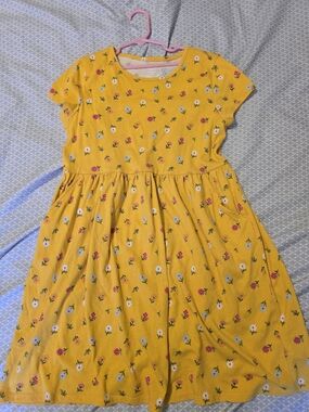 Wonder Nation Yellow Floral Short Sleeve Dress with Pockets Plus Size L (10-12)